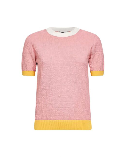 Fendi Pink Ff Cotton And Silk Sweater With Color Block Edges