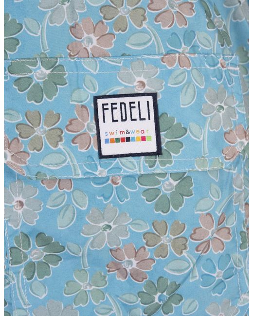 Fedeli Blue Light Swim Shorts With Multicoloured Flower Pattern for men
