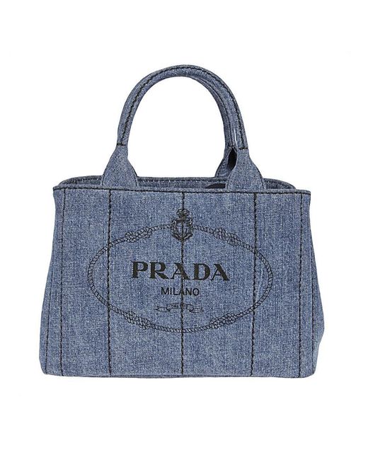Prada Blue Logo Print Denim Tote Bag