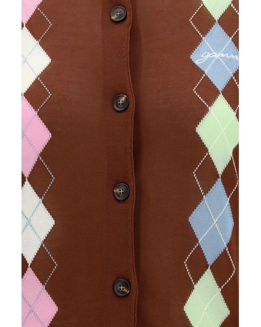 Ganni Brown Diamond-Pattern Cardigan Cotton