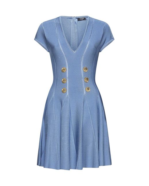 Balmain Blue Buttoned Knit Skater Mini Dress