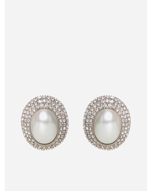 Alessandra Rich Metallic Oval Crystals And Pearl Earrings