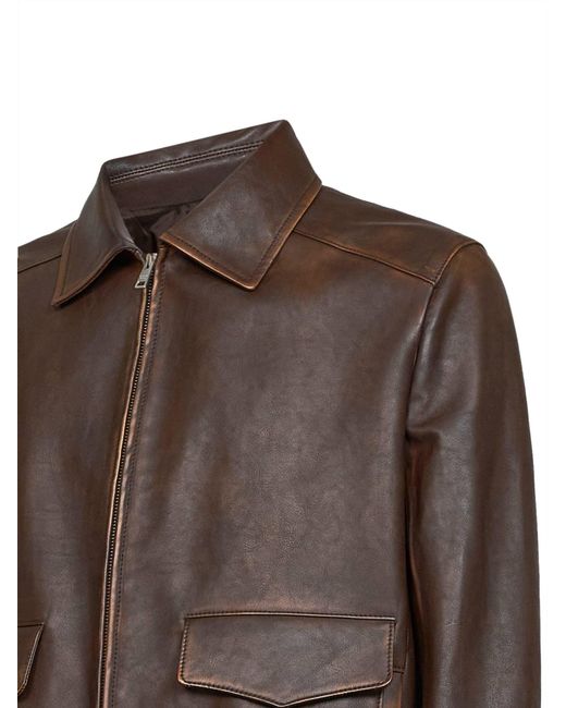 Prada Brown Leather Blouson Burnt Calf Bomber Jackets for men