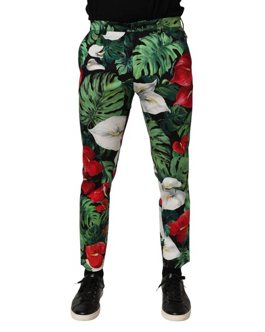 Dolce & Gabbana Green Multicolor Floral Print Cotton Tapered Pants for men
