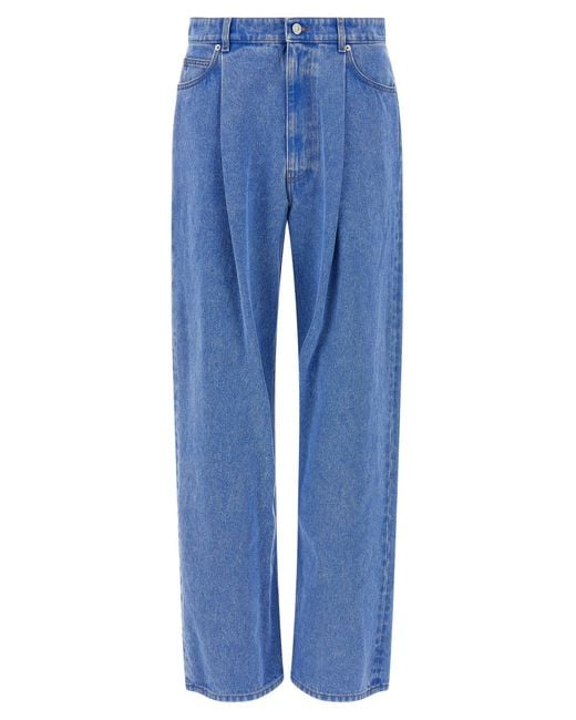 Marni Blue Wide-Leg Pleat Jeans With Contrast Stitching And Suede Logo for men