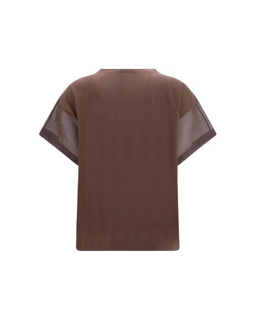 Brunello Cucinelli Brown Cotton T-Shirt With Sheer Sleeves And Side Panels T-Shirts