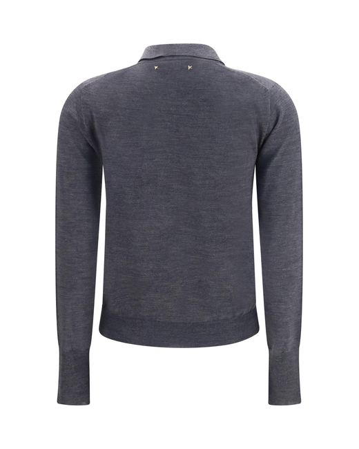 Golden Goose Deluxe Brand Blue Long Sleeve Merino Wool Polo Ovis Aries Knitwear