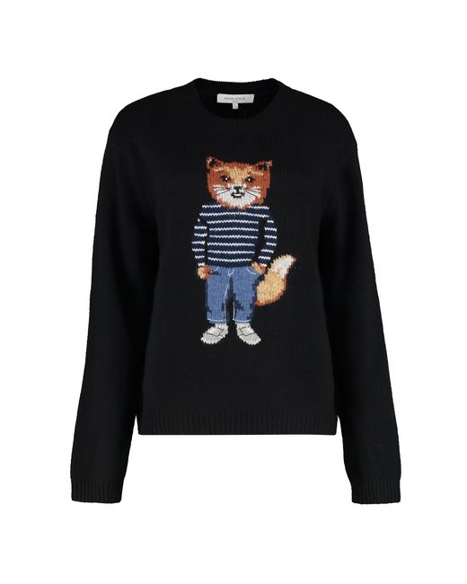 Maison Kitsuné Black Crew Neck Merino Wool Sweater