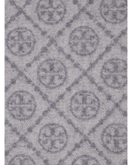 Tory Burch Gray Scarf With All-Over T Motif Monogram And Fringed Edges