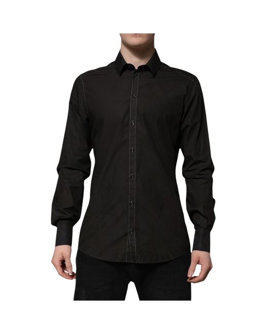 Dolce & Gabbana Black Cotton Jacquard Collar Dress Shirt for men
