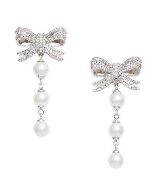 Self-Portrait White Drop Earrings With Bow And Pearls, Metal