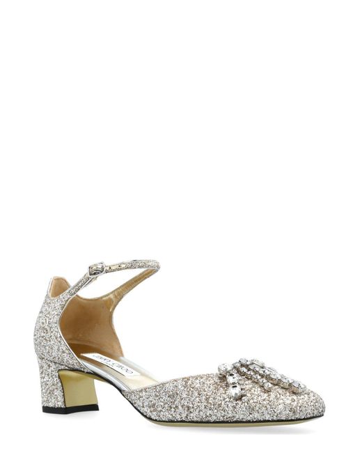 Jimmy Choo White Embellished Ankle Strap Pumps