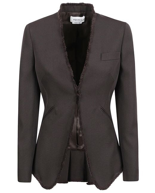 Alexander McQueen Black Raw-Edge Tailored Fringed-Hem Jacket