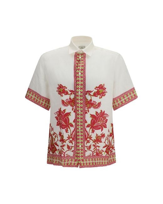 Etro White Linen Shirt With Floral Print And Short Sleeves for men