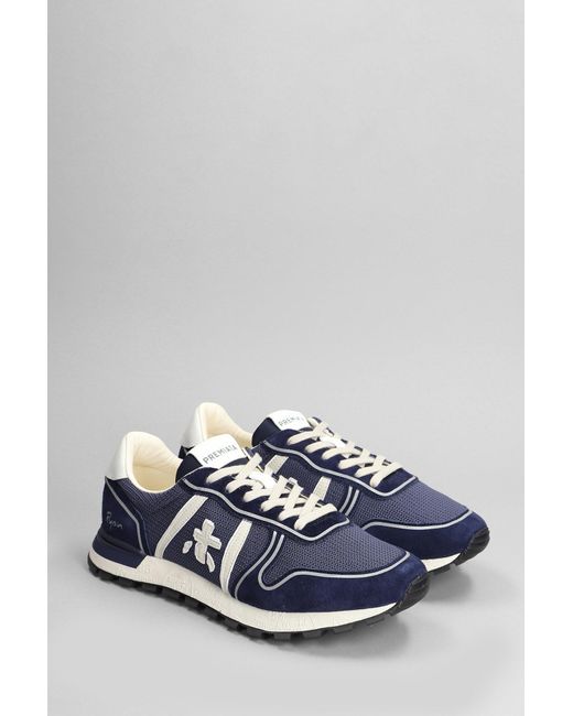 Premiata White Ryan Sneakers In Blue Suede And Fabric for men