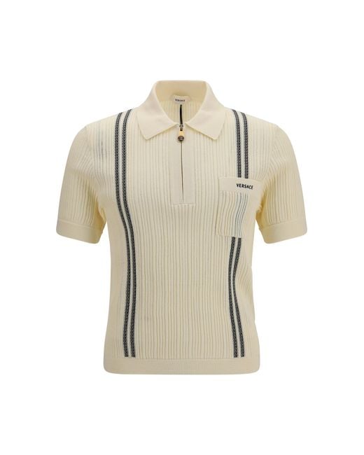 Versace White Jacquard Cotton Knit Polo Shirts for men