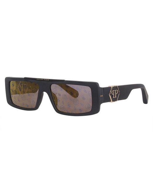 Philipp Plein Brown Sunglasses Rectangle Full Rim, Matt Frame And Mirror With Pattern Lens Spp003M703L for men