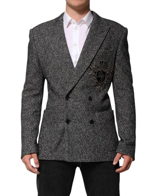 Dolce & Gabbana Black Herringbone Blazer Logo Detail for men