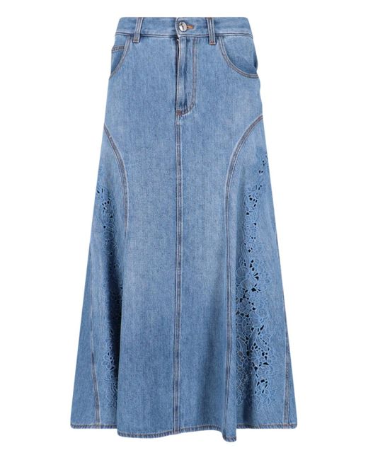 Chloé Blue Embroidery Midi Skirt