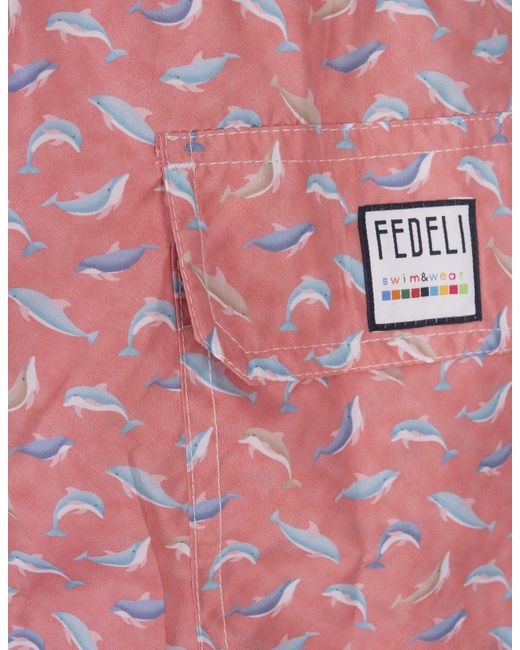 Fedeli Pink Swim Shorts With Dolphin Pattern for men