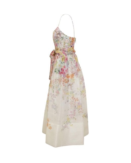 Zimmermann White Linen And Silk Dress With Floral Print