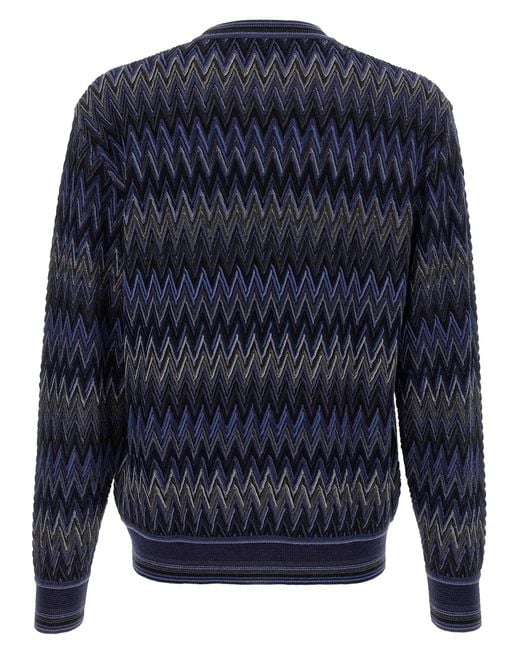 Missoni Blue Zigzag Pattern Wool Sweater With Crew Neck for men