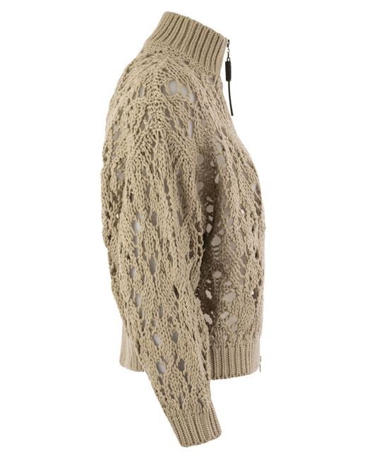 Brunello Cucinelli Brown Soft Feather Cotton Lace Stitch Cardigan With Precious Zipper Pull