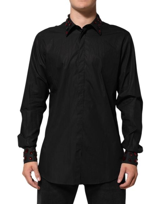 Dolce & Gabbana Black Cotton Embellished Collar Shirt for men