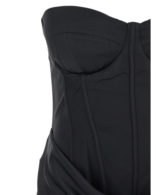 ROTATE BIRGER CHRISTENSEN Black Long Dress With Corset And Draped Skirt