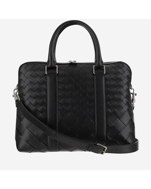Bottega Veneta Black Slim Intrecciato Business Bag Calfskin Shoulder for men