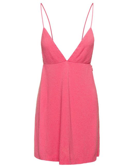 DSquared² Pink Mini Salmon Dress With Plunging V Neck And Tonal Rhinestone In Viscose