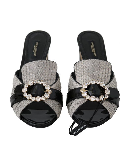 Dolce & Gabbana Black Gray Exotic Leather Crystals Sandals Shoes