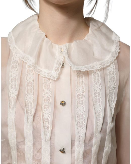 Dolce & Gabbana Natural Ruffled Sheer Silk Buttoned Blouse Top Off Nylon