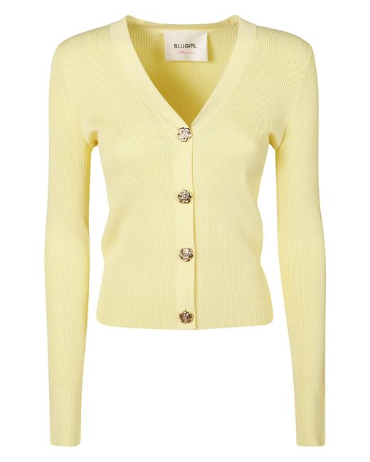 Blugirl Blumarine Yellow Floral Buttons Rib Knit Cardigan