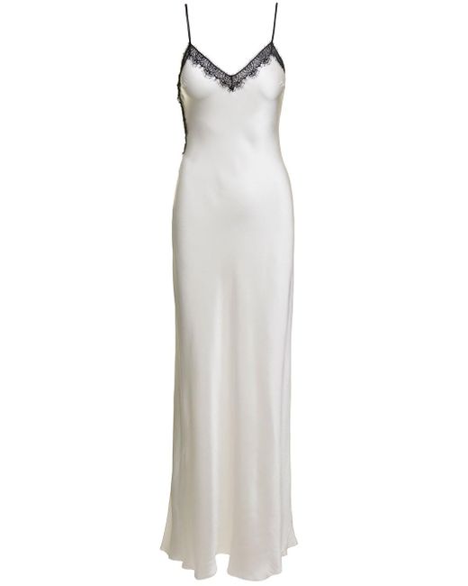 Alberta Ferretti Maxi White Slip Dress With Lace Trim In Silk Blend Woman