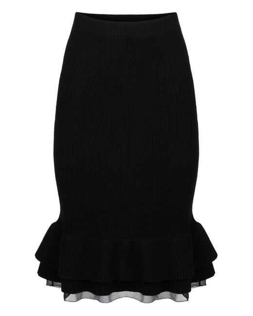 Nina Ricci Black Skirt Ribbed Virgin Wool Midi