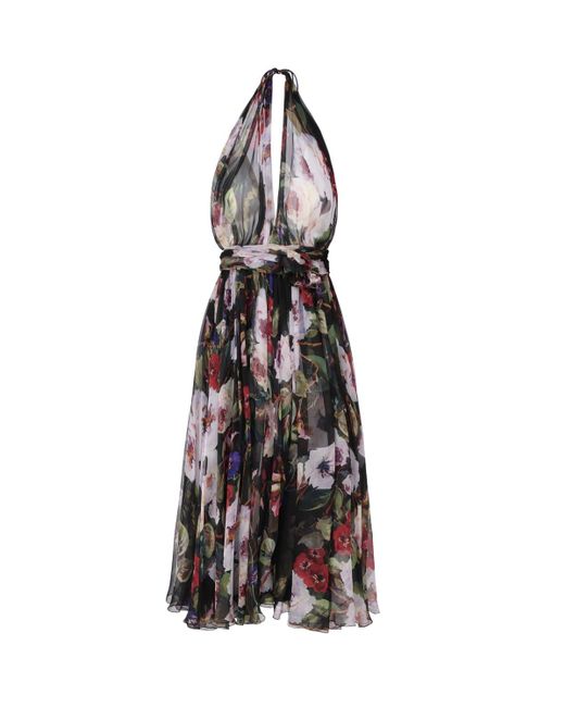 Dolce & Gabbana White Rose Garden Print Silk Chiffon Longuette Dress