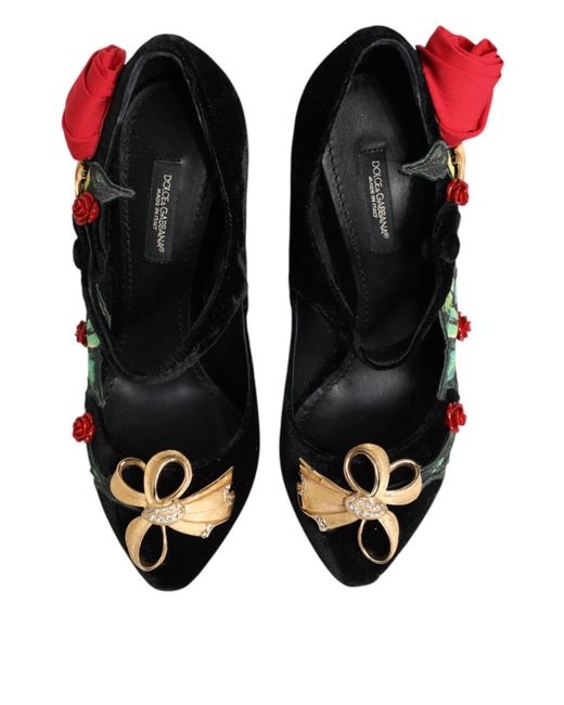 Dolce & Gabbana Black Roses Crystal Brooch Mary Jane Shoes Rayon Silk