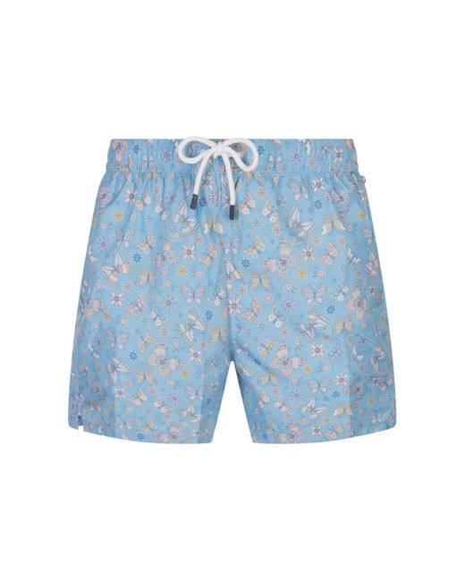 Fedeli Blue Sky Swim Shorts With Butterfly Print for men