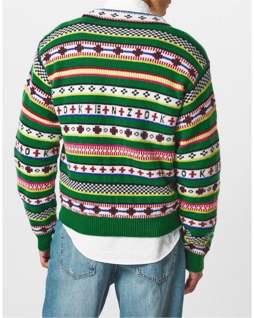 KENZO Green Fairisle Jacquard Cardigan Clothing Knitwear for men