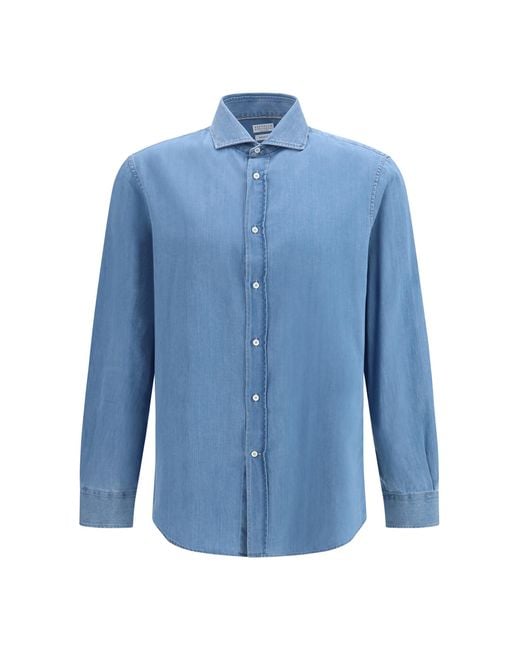 Brunello Cucinelli Blue Cotton Denim Shirt Chiarissimo for men