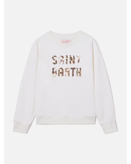 Mc2 Saint Barth White Briony Crewneck Sweatshirt With Leopard Patch