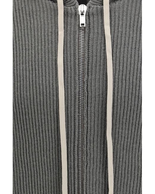 Rick Owens Gray Ribbed Virgin Wool Knit Hoodie Fleece Ovis Aries Knitwear for men