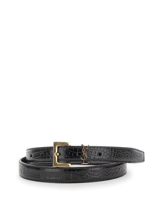 Saint Laurent White Belt With Cassandre Detail, Croco Leather Croco-Printed