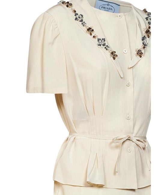 Prada White Abbigliamento Natural Marocain Embroidered Midi Dress