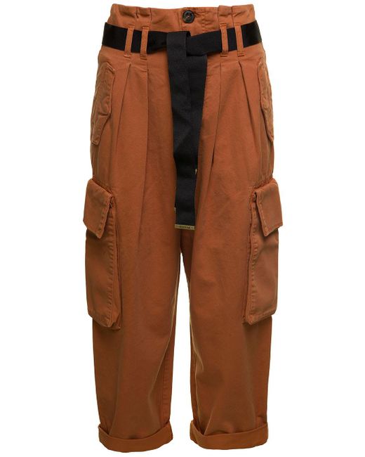 Pinko High-waisted Cargo Pants With Belt In Cotton in Brown