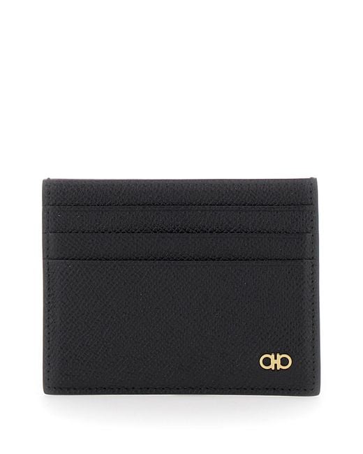 Ferragamo Black Card Holder With Micro Gancini On The Front And Logo Lettering On The Rear for men