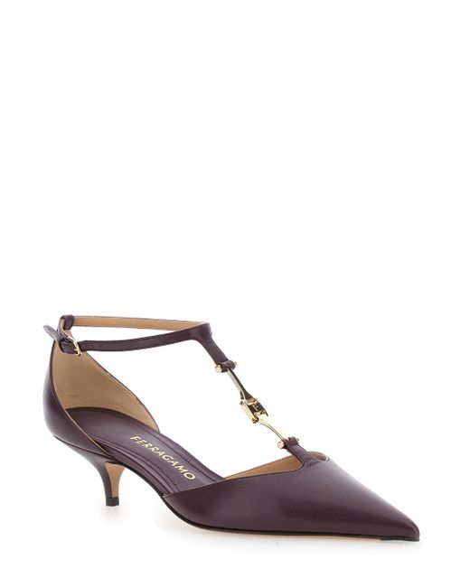 Ferragamo Brown Bordeaux Pumps With T Strap And Low Heel