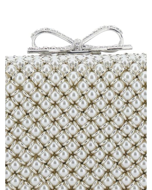 Self-Portrait White Handbag With Faux-Pearl Embellishments On The Front And Bow Detail