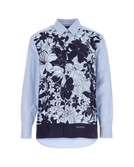 Gucci Blue Embroidered Poplin And Satin Shirt for men